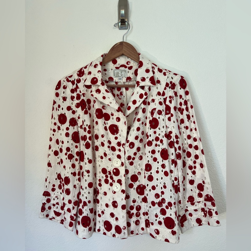 Alberto Makali Red Polka Dot Floral Lace Cotton Linen Blend Blazer Jacket